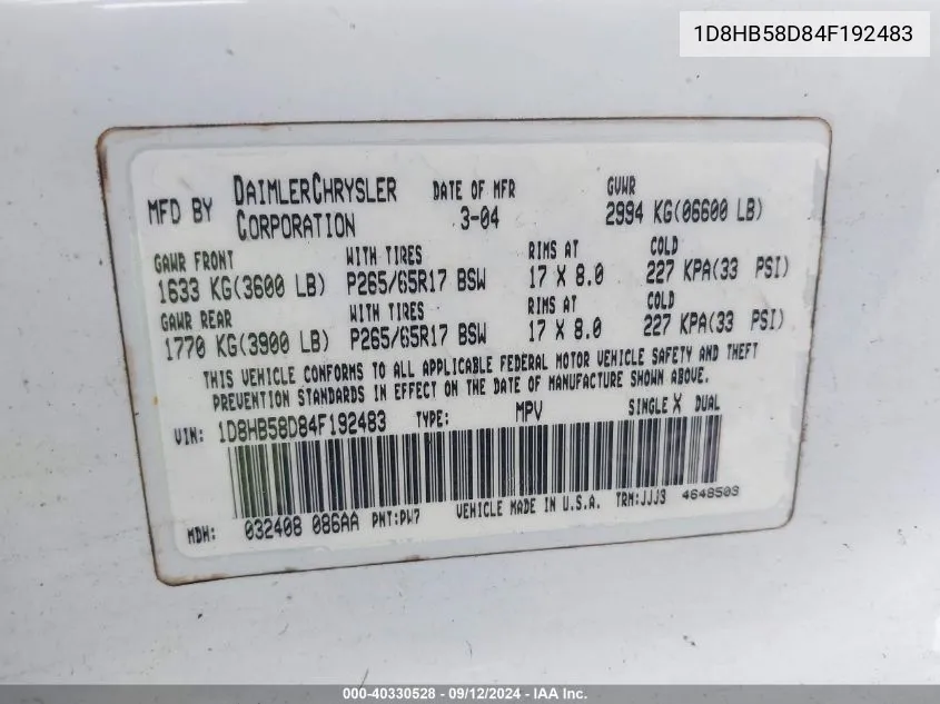 1D8HB58D84F192483 2004 Dodge Durango Limited