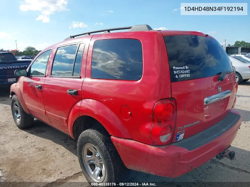 2004 Dodge Durango Slt VIN: 1D4HD48N34F192194 Lot: 40335176