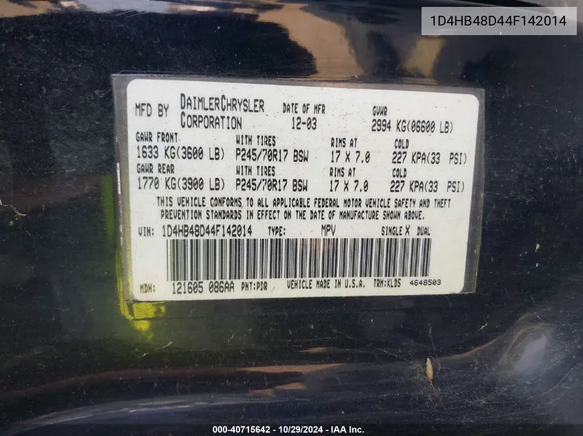 1D4HB48D44F142014 2004 Dodge Durango Slt