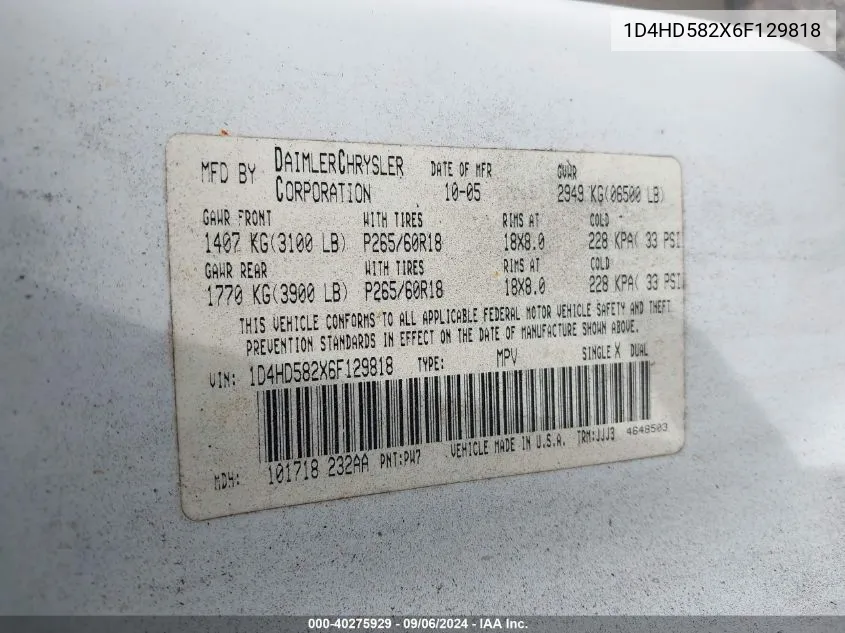 2006 Dodge Durango Limited VIN: 1D4HD582X6F129818 Lot: 40275929