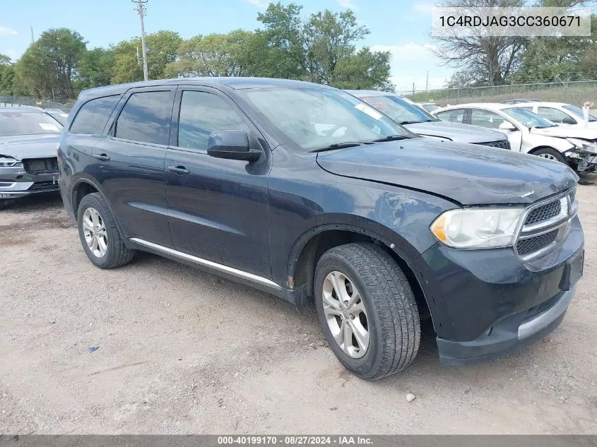 2012 Dodge Durango Sxt VIN: 1C4RDJAG3CC360671 Lot: 40199170