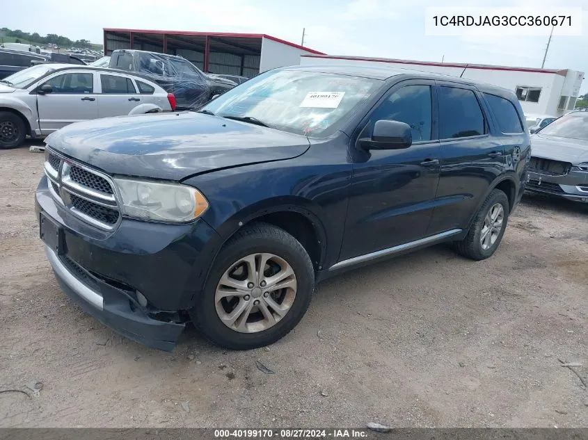 2012 Dodge Durango Sxt VIN: 1C4RDJAG3CC360671 Lot: 40199170