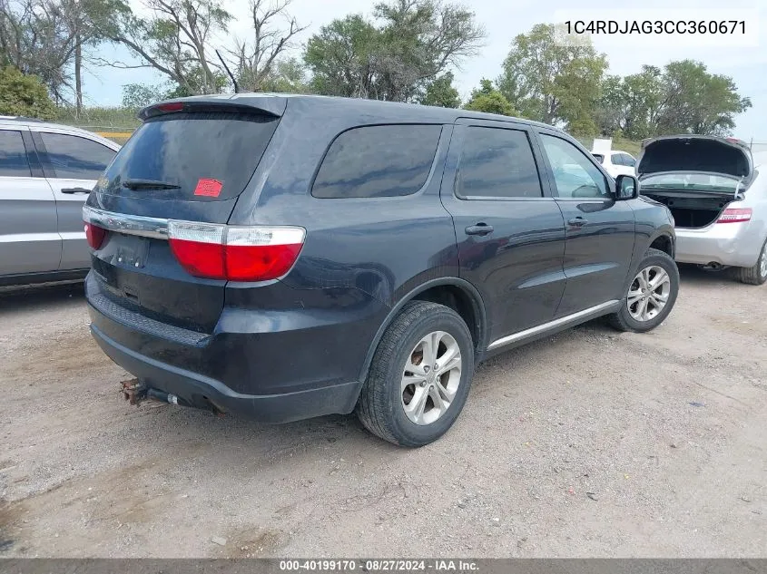 2012 Dodge Durango Sxt VIN: 1C4RDJAG3CC360671 Lot: 40199170