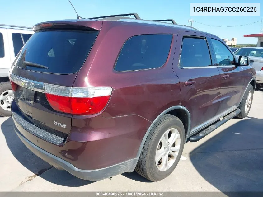 2012 Dodge Durango Sxt VIN: 1C4RDHAG7CC260226 Lot: 40490275