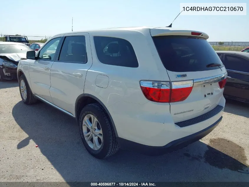 2012 Dodge Durango Sxt VIN: 1C4RDHAG7CC210670 Lot: 40596877