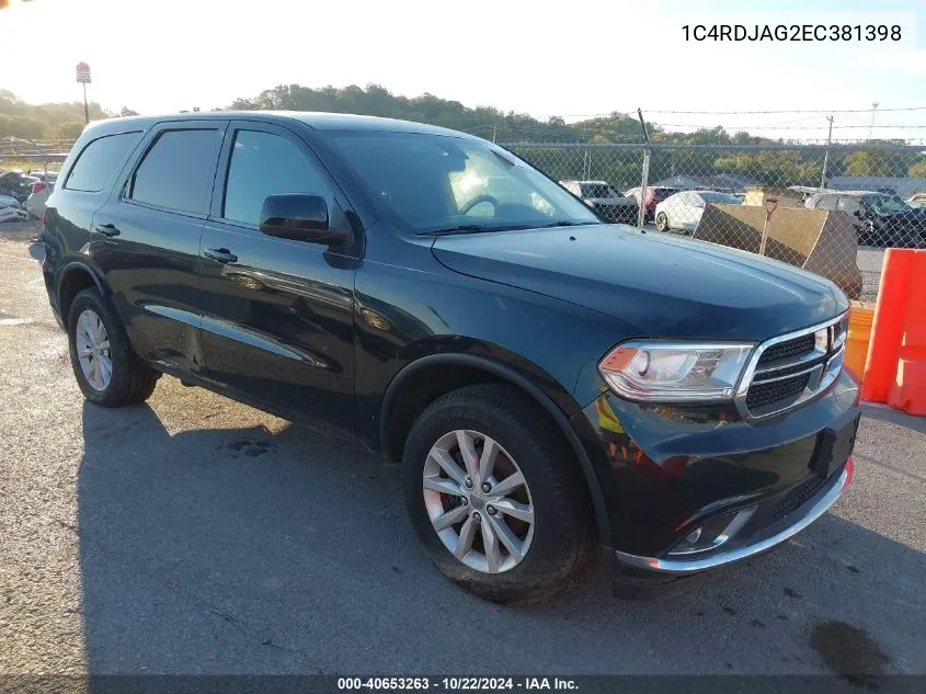 2014 Dodge Durango Sxt VIN: 1C4RDJAG2EC381398 Lot: 40653263