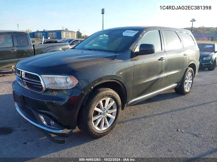 2014 Dodge Durango Sxt VIN: 1C4RDJAG2EC381398 Lot: 40653263