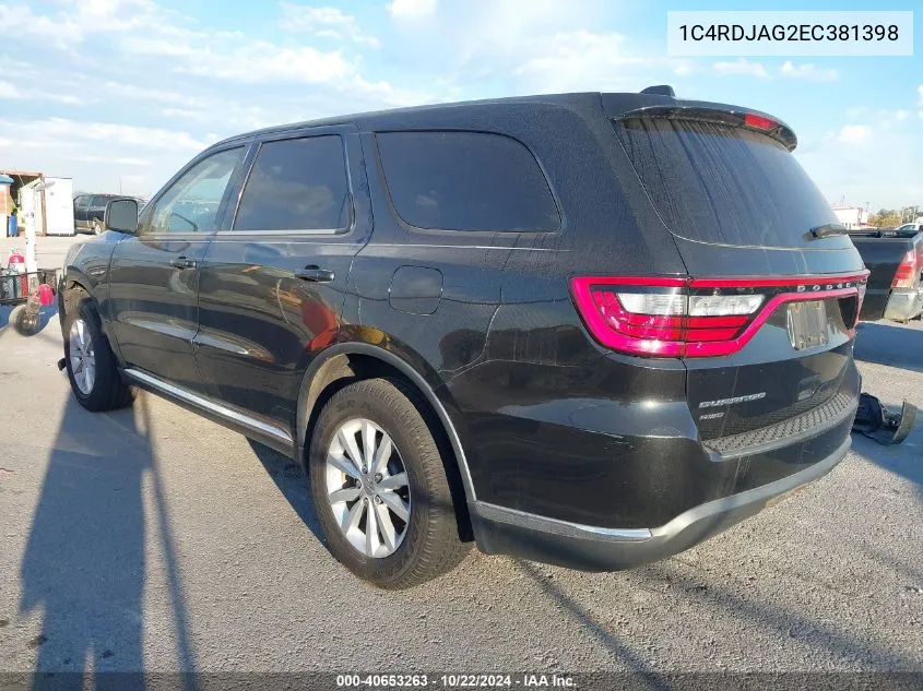 2014 Dodge Durango Sxt VIN: 1C4RDJAG2EC381398 Lot: 40653263