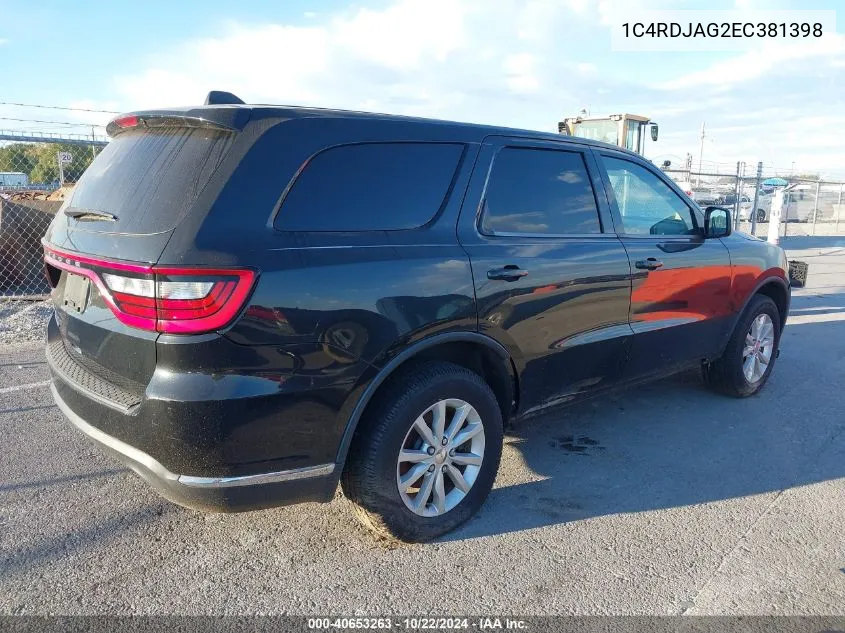 2014 Dodge Durango Sxt VIN: 1C4RDJAG2EC381398 Lot: 40653263