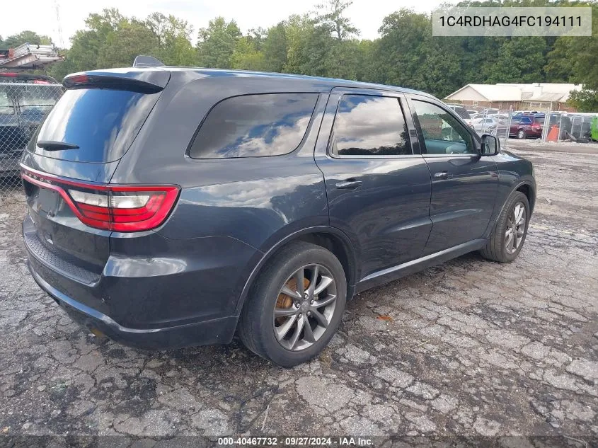 2015 Dodge Durango Sxt VIN: 1C4RDHAG4FC194111 Lot: 40467732