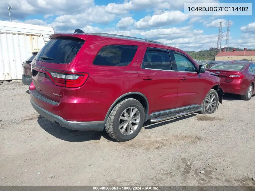 2015 Dodge Durango Limited VIN: 1C4RDJDG7FC114402 Lot: 40506063