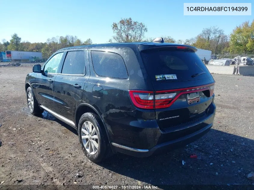 2015 Dodge Durango Sxt VIN: 1C4RDHAG8FC194399 Lot: 40576027