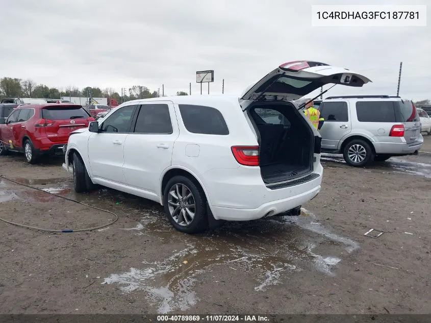 2015 Dodge Durango Sxt VIN: 1C4RDHAG3FC187781 Lot: 40789869