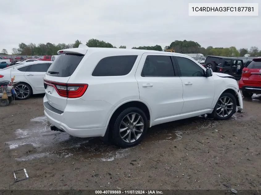 2015 Dodge Durango Sxt VIN: 1C4RDHAG3FC187781 Lot: 40789869