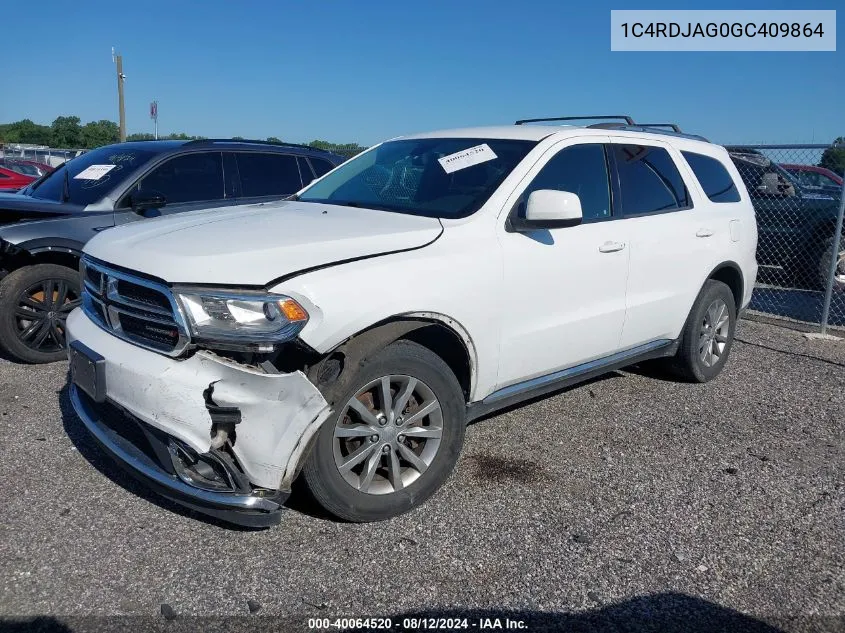 2016 Dodge Durango Sxt VIN: 1C4RDJAG0GC409864 Lot: 40064520