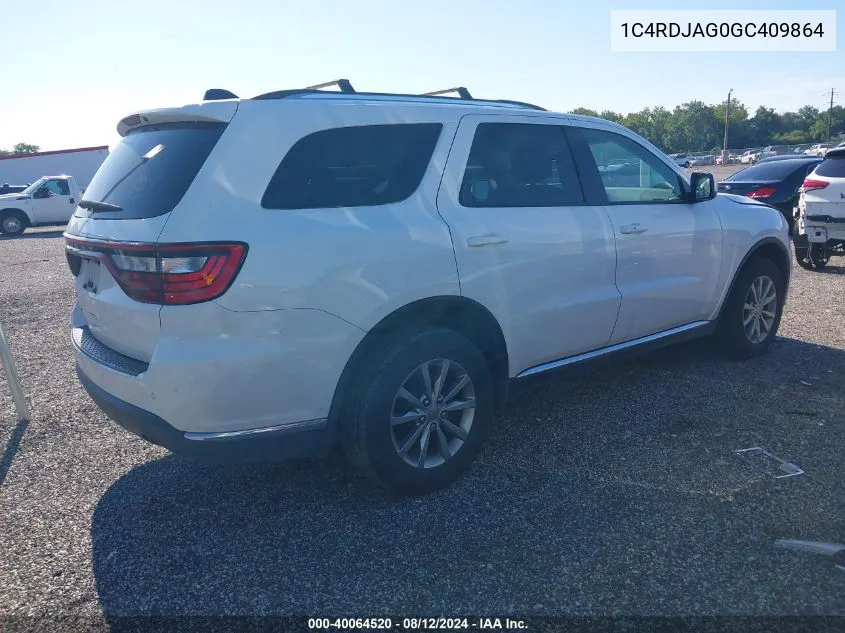 2016 Dodge Durango Sxt VIN: 1C4RDJAG0GC409864 Lot: 40064520