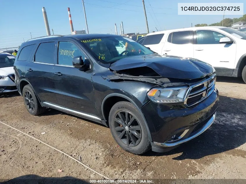 2016 Dodge Durango Limited VIN: 1C4RDJDG2GC374725 Lot: 40100108