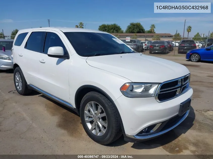 2016 Dodge Durango Sxt VIN: 1C4RDHAG5GC432968 Lot: 40395747