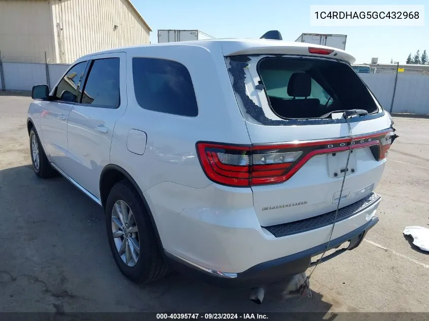 2016 Dodge Durango Sxt VIN: 1C4RDHAG5GC432968 Lot: 40395747