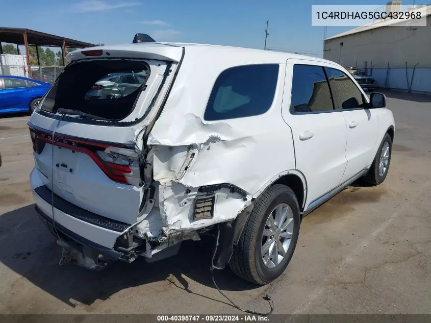 2016 Dodge Durango Sxt VIN: 1C4RDHAG5GC432968 Lot: 40395747