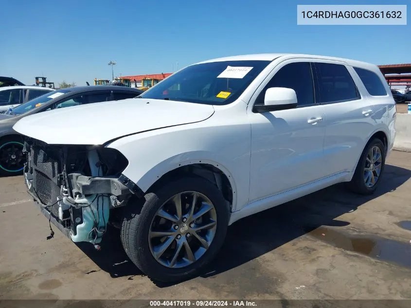 2016 Dodge Durango Sxt VIN: 1C4RDHAG0GC361632 Lot: 40417019