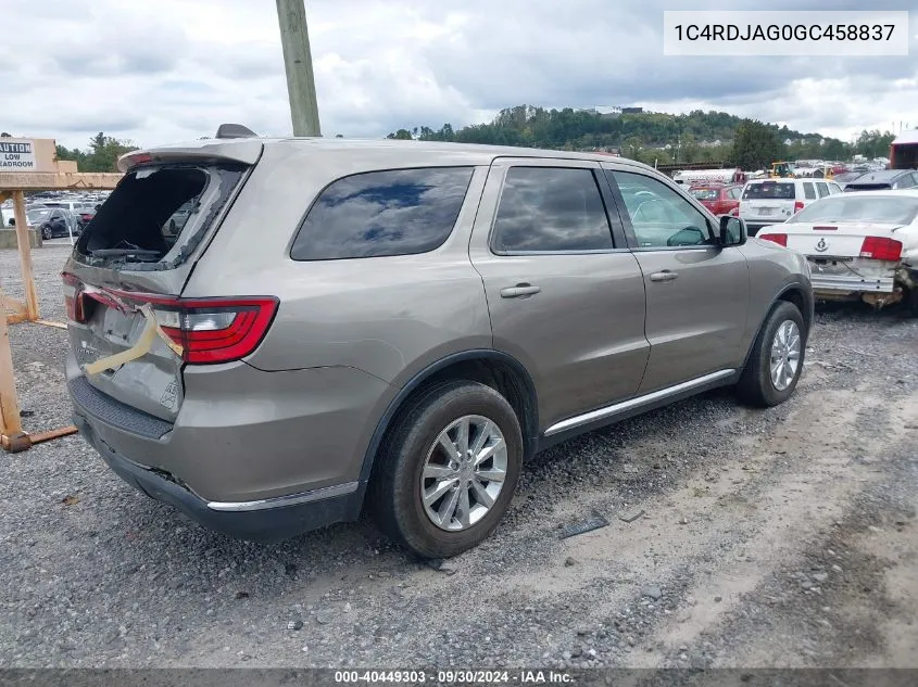 2016 Dodge Durango Sxt VIN: 1C4RDJAG0GC458837 Lot: 40449303