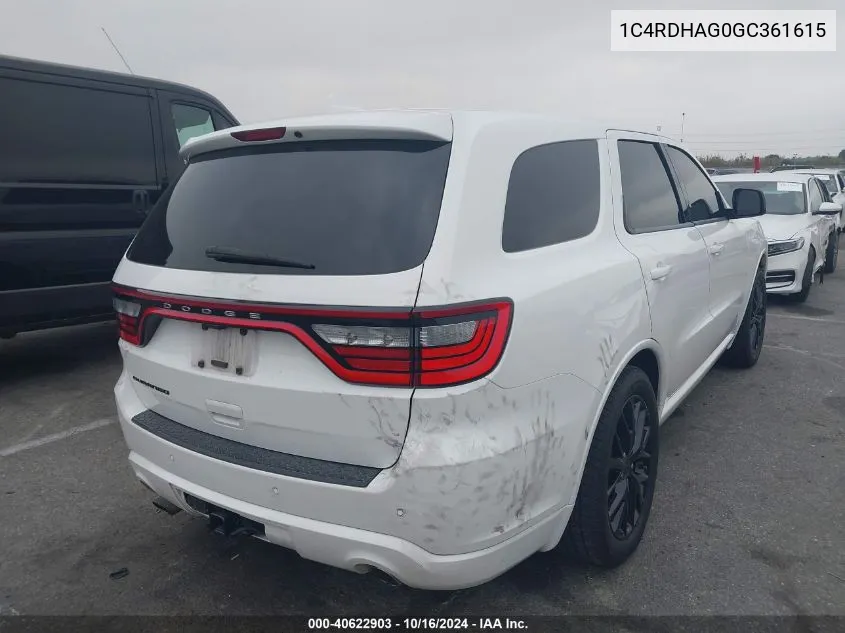 2016 Dodge Durango Sxt VIN: 1C4RDHAG0GC361615 Lot: 40622903