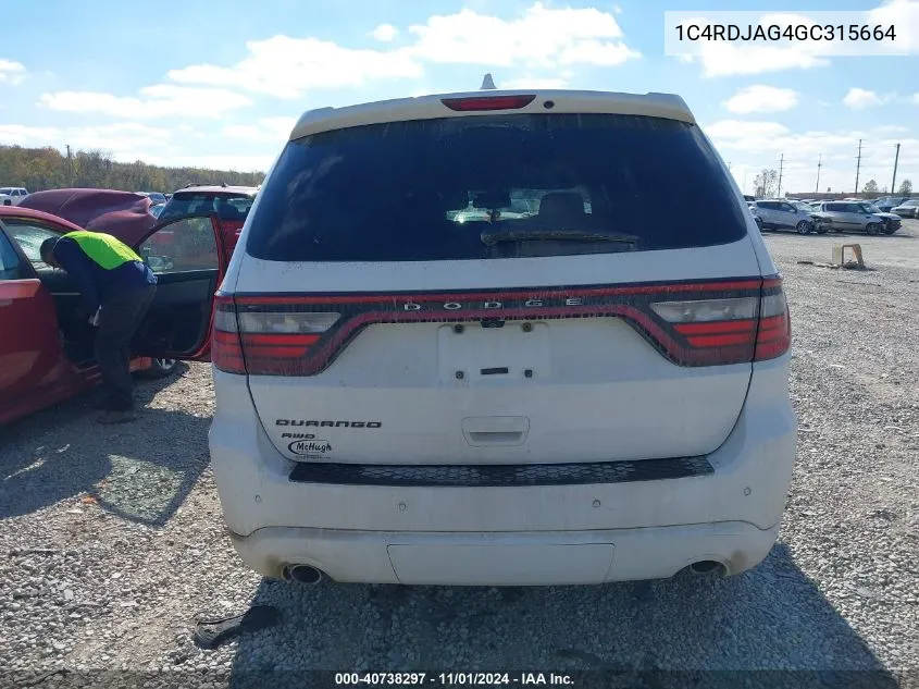 2016 Dodge Durango Sxt VIN: 1C4RDJAG4GC315664 Lot: 40738297