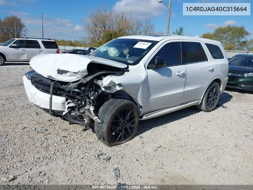 2016 Dodge Durango Sxt VIN: 1C4RDJAG4GC315664 Lot: 40738297