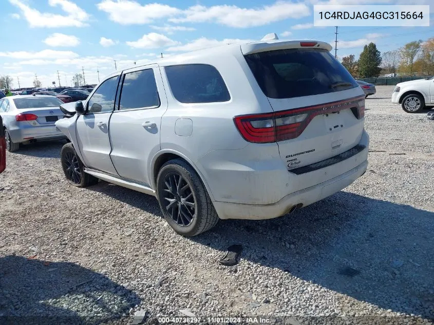 2016 Dodge Durango Sxt VIN: 1C4RDJAG4GC315664 Lot: 40738297