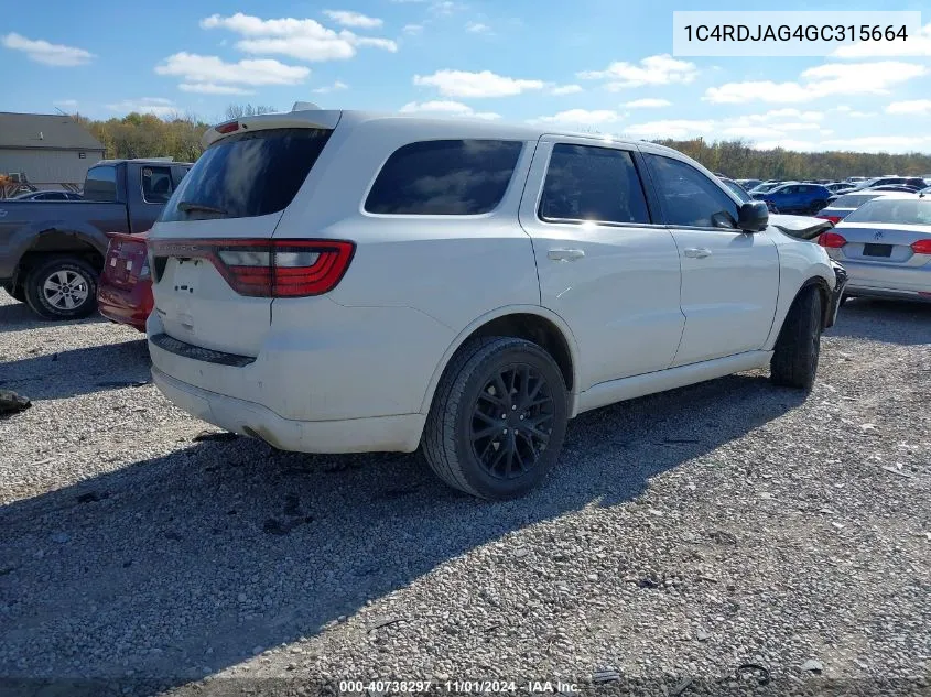 2016 Dodge Durango Sxt VIN: 1C4RDJAG4GC315664 Lot: 40738297