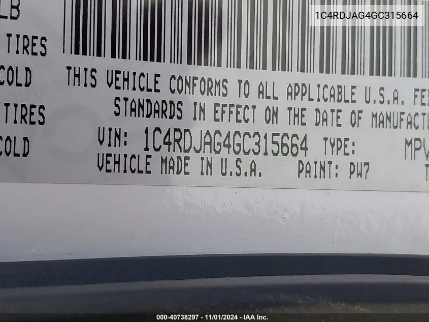 2016 Dodge Durango Sxt VIN: 1C4RDJAG4GC315664 Lot: 40738297