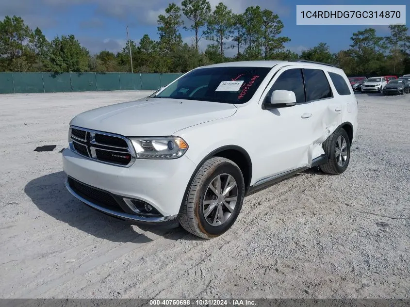 2016 Dodge Durango Limited VIN: 1C4RDHDG7GC314870 Lot: 40750698