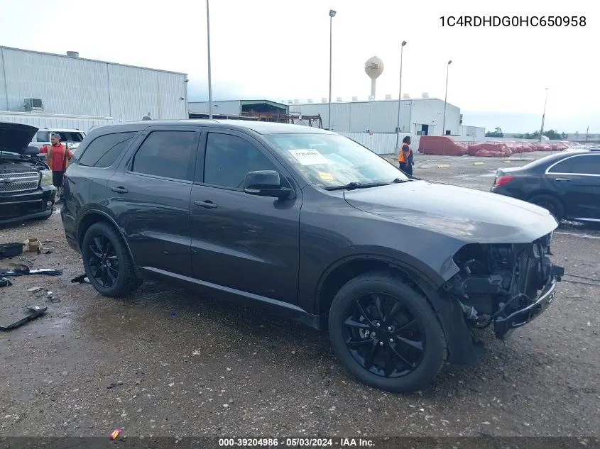 2017 Dodge Durango Gt Rwd VIN: 1C4RDHDG0HC650958 Lot: 39204986