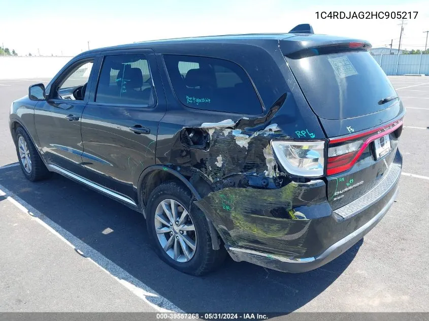 2017 Dodge Durango Sxt Awd VIN: 1C4RDJAG2HC905217 Lot: 39557268