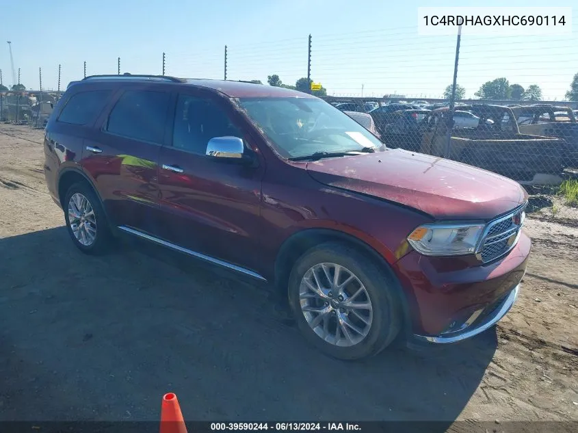 2017 Dodge Durango Sxt Rwd VIN: 1C4RDHAGXHC690114 Lot: 39590244