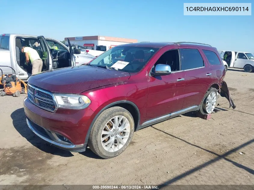 2017 Dodge Durango Sxt Rwd VIN: 1C4RDHAGXHC690114 Lot: 39590244