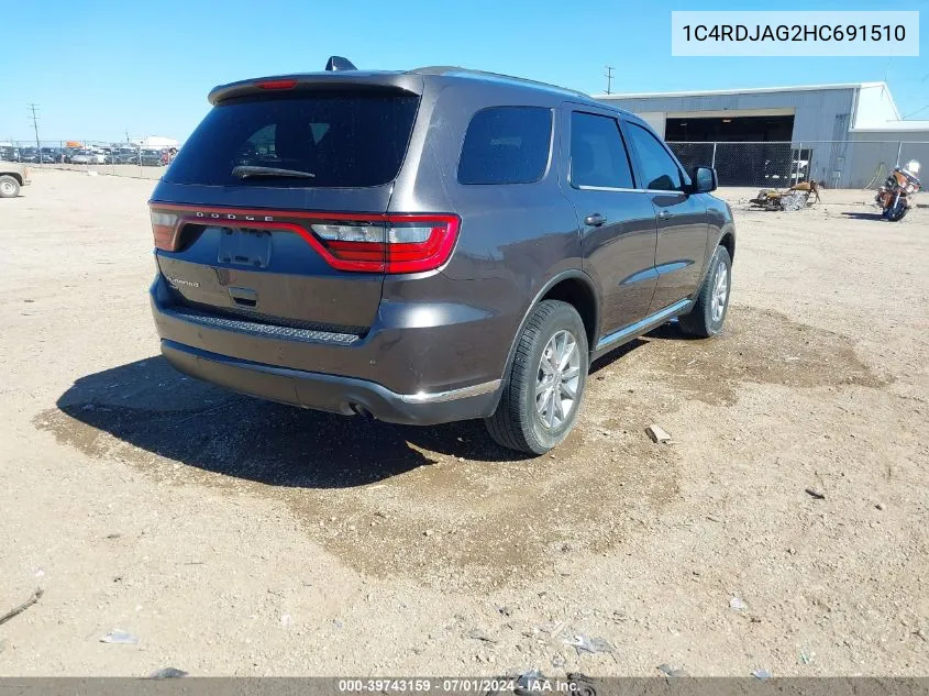 2017 Dodge Durango Sxt Awd VIN: 1C4RDJAG2HC691510 Lot: 39743159