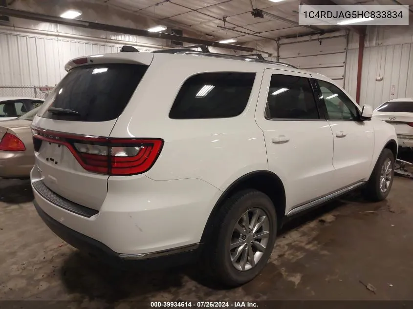 2017 Dodge Durango Sxt Awd VIN: 1C4RDJAG5HC833834 Lot: 39934614