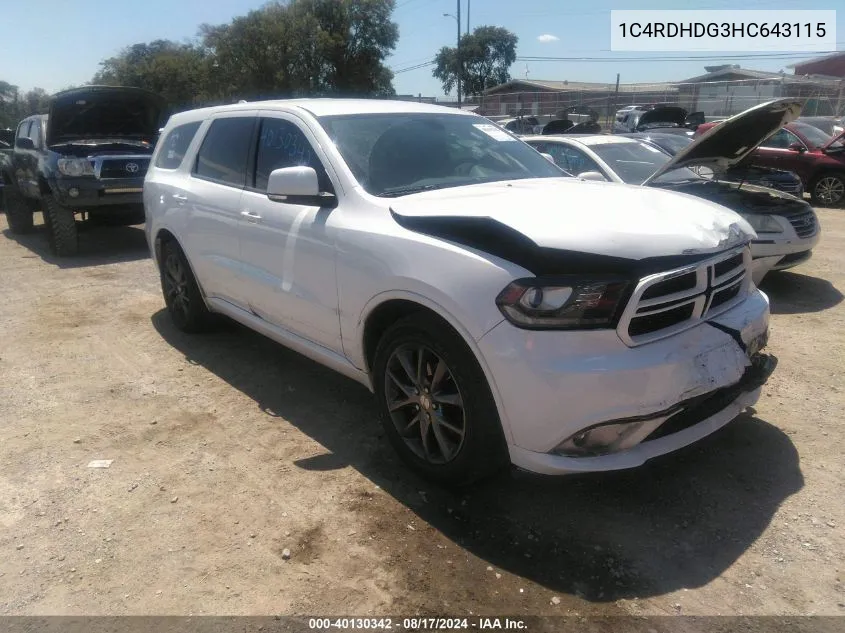 2017 Dodge Durango Gt Rwd VIN: 1C4RDHDG3HC643115 Lot: 40130342