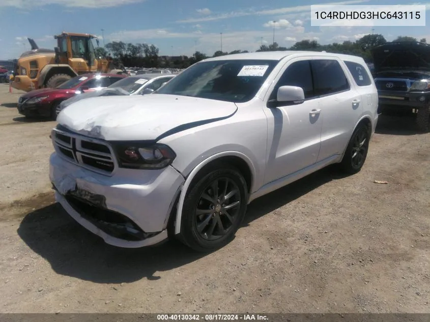 2017 Dodge Durango Gt Rwd VIN: 1C4RDHDG3HC643115 Lot: 40130342