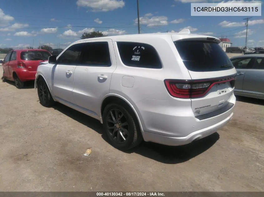 2017 Dodge Durango Gt Rwd VIN: 1C4RDHDG3HC643115 Lot: 40130342