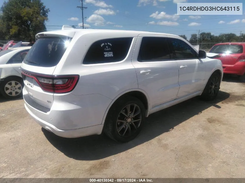 2017 Dodge Durango Gt Rwd VIN: 1C4RDHDG3HC643115 Lot: 40130342