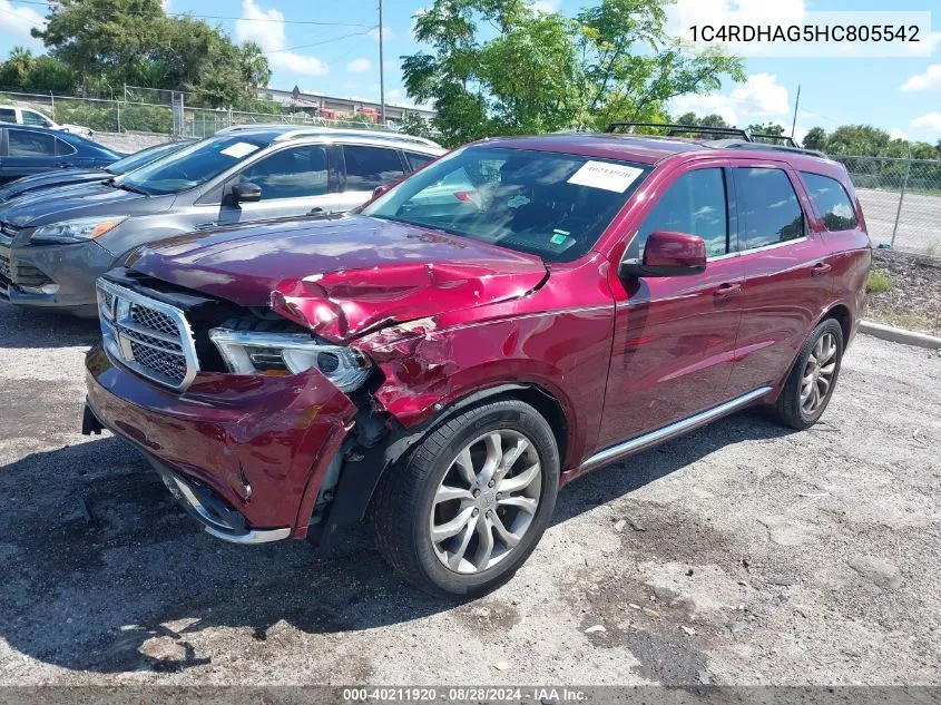 2017 Dodge Durango Sxt Rwd VIN: 1C4RDHAG5HC805542 Lot: 40211920