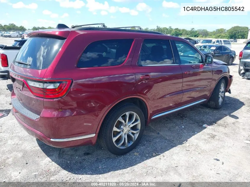 2017 Dodge Durango Sxt Rwd VIN: 1C4RDHAG5HC805542 Lot: 40211920