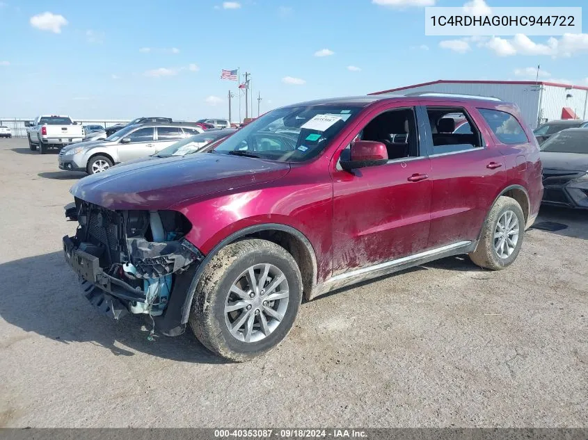 2017 Dodge Durango Sxt Rwd VIN: 1C4RDHAG0HC944722 Lot: 40353087