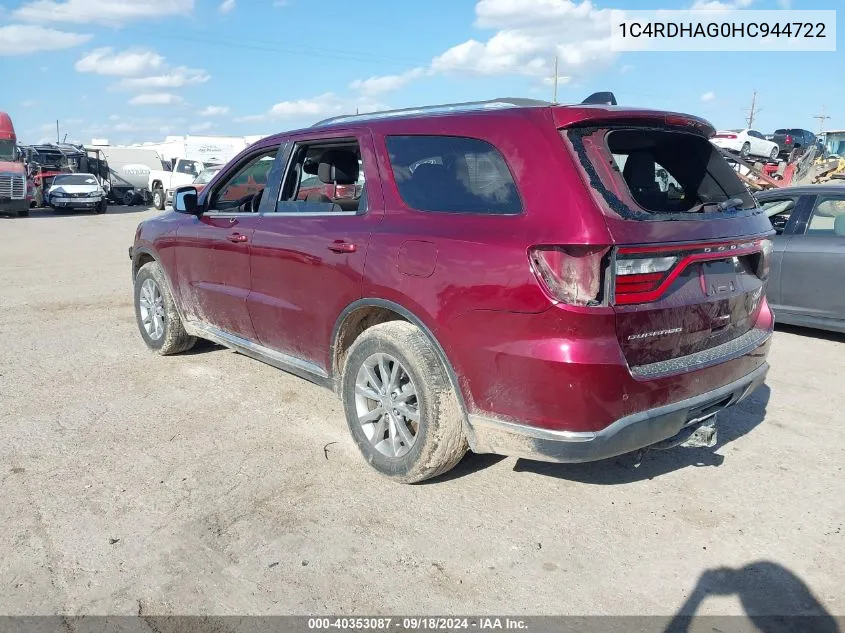 2017 Dodge Durango Sxt Rwd VIN: 1C4RDHAG0HC944722 Lot: 40353087