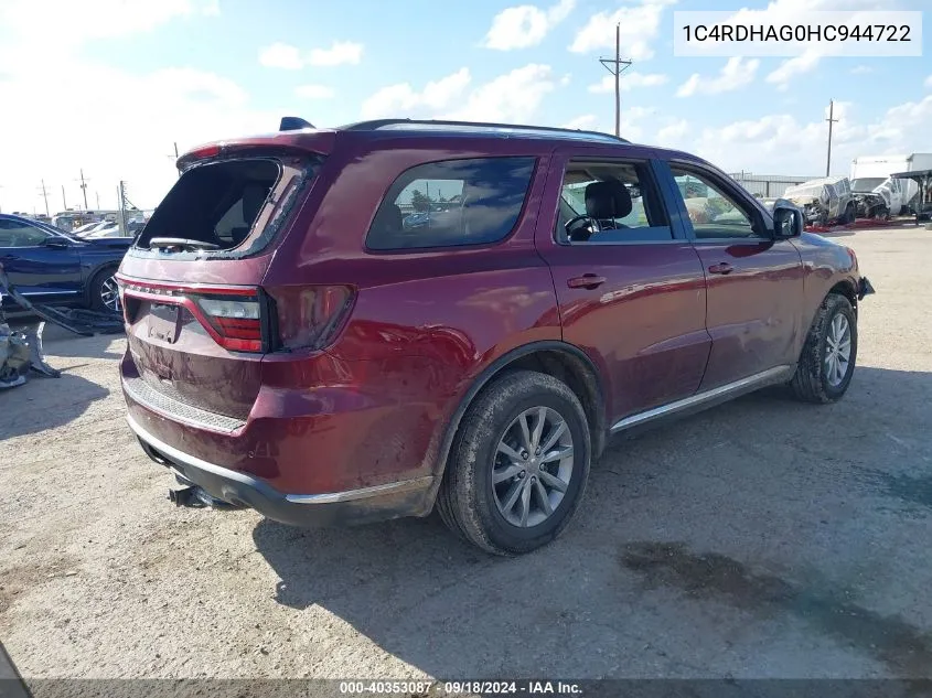 2017 Dodge Durango Sxt Rwd VIN: 1C4RDHAG0HC944722 Lot: 40353087