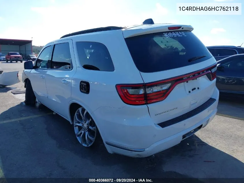 2017 Dodge Durango Sxt Rwd VIN: 1C4RDHAG6HC762118 Lot: 40366072