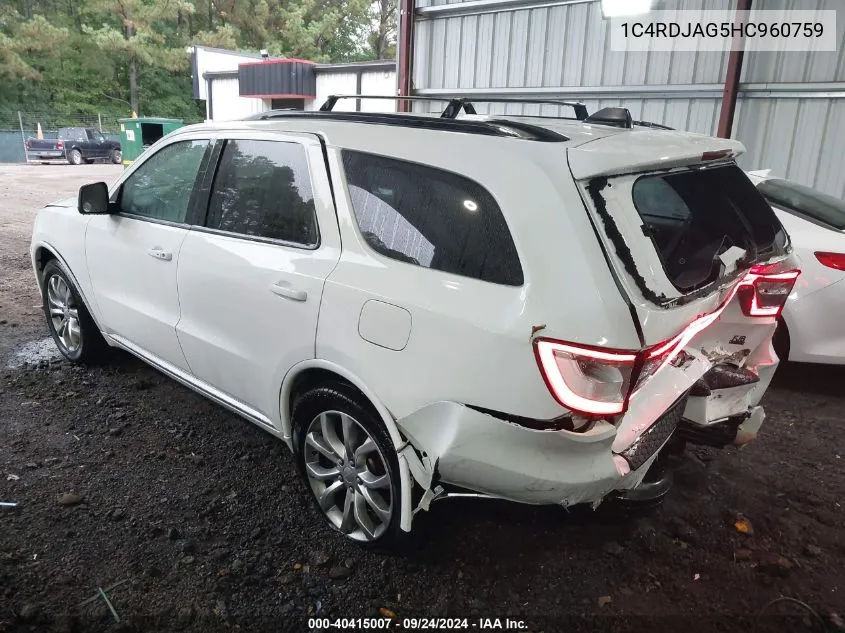 2017 Dodge Durango Sxt Awd VIN: 1C4RDJAG5HC960759 Lot: 40415007